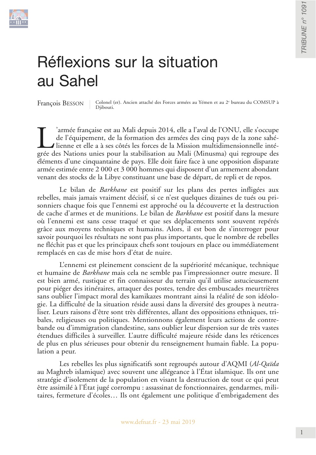 Réflexions sur la situation au Sahel (T 1091)
